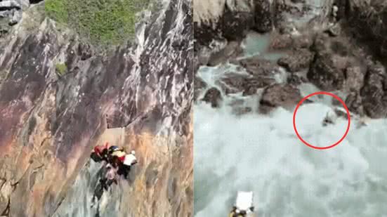 O resgate, filmado, mostra a dificuldade enfrentada pelo bombeiro em uma área sinalizada como perigosa, onde a criança ficou presa - Imagem: Reprodução