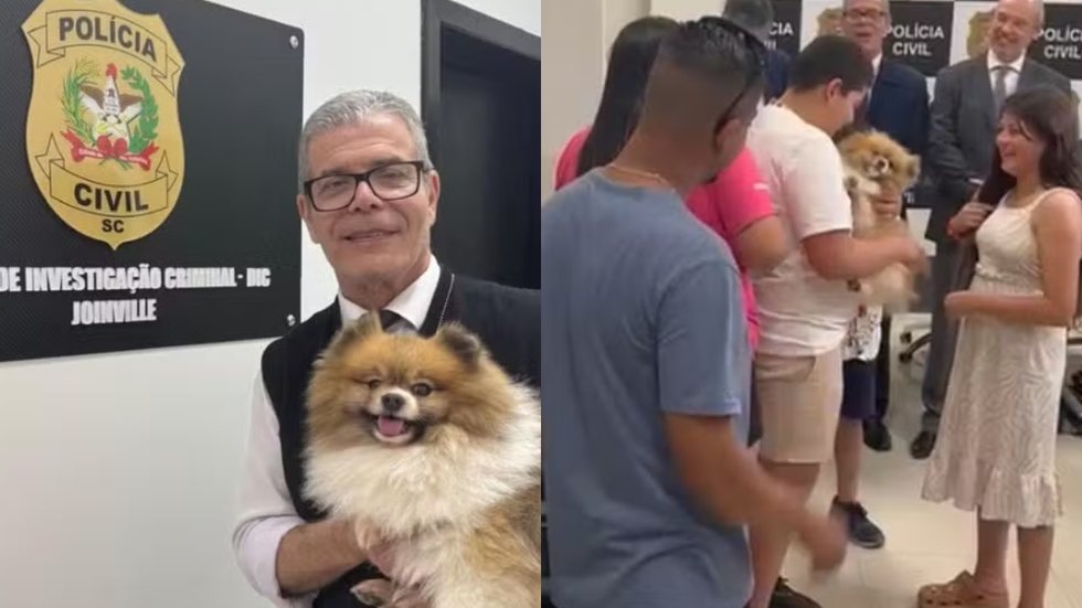 O delegado e a equipe policial viajaram até Santa Catarina para buscar Nick, que foi recebido com emoção pela família no reencontro - Foto: Divulgação/ Polícia Civil
