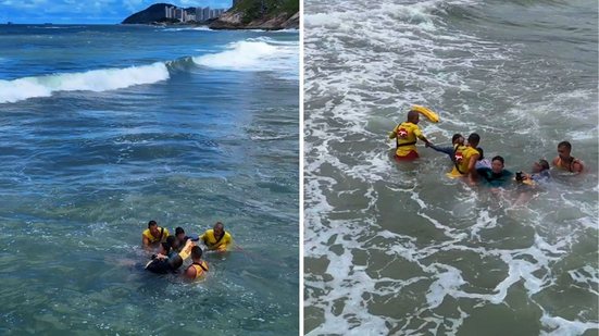 A equipe de resgate estava atenta e reagiu prontamente ao notar dificuldade das vítimas em retornar à faixa de areia - Imagem: Reprodução / G1