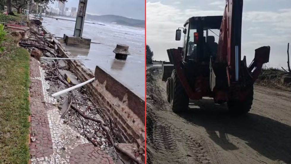 A ressaca que atingiu Santos deixou danos significativos, com muretas caídas e lixeiras tombadas, afetando a orla da cidade - Foto: Aldemar Neto/ Defesa Civil de São Paulo