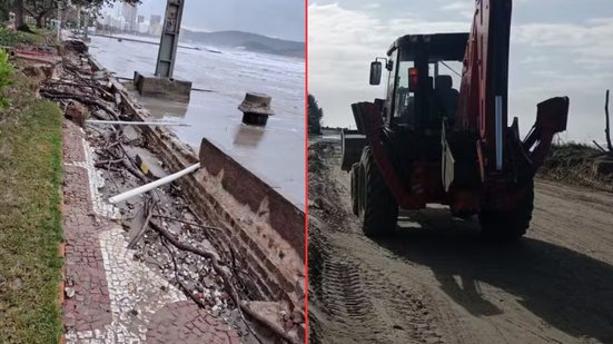 A ressaca que atingiu Santos deixou danos significativos, com muretas caídas e lixeiras tombadas, afetando a orla da cidade - Foto: Aldemar Neto/ Defesa Civil de São Paulo