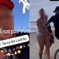 Imagens divulgadas nas redes mostram suspeito correndo na orla de Praia Grande após cometer roubos e publicar o próprio crime online - Imagem: Reprodução/Redes Sociais