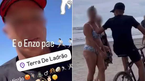Imagens divulgadas nas redes mostram suspeito correndo na orla de Praia Grande após cometer roubos e publicar o próprio crime online - Imagem: Reprodução/Redes Sociais