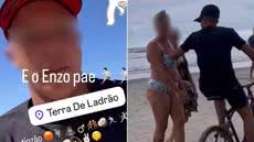 Imagens divulgadas nas redes mostram suspeito correndo na orla de Praia Grande após cometer roubos e publicar o próprio crime online - Imagem: Reprodução/Redes Sociais