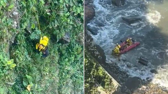 Bombeiros realizam resgate em área rochosa após homem se jogar de precipício para fugir de abelhas em São Vicente - Imagem: GBMar/Divulgação