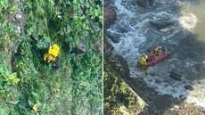 Bombeiros realizam resgate em área rochosa após homem se jogar de precipício para fugir de abelhas em São Vicente - Imagem: GBMar/Divulgação