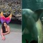 Bióloga Maria Eduarda Costa Pereira viralizou nas redes sociais ao compartilhar apresentações como sereia em tanque com tubarões no Guarujá - Imagem: Arquivo Pessoal