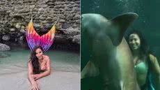 Bióloga Maria Eduarda Costa Pereira viralizou nas redes sociais ao compartilhar apresentações como sereia em tanque com tubarões no Guarujá - Imagem: Arquivo Pessoal