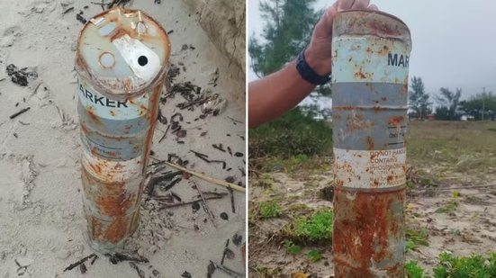 Sinalizador militar encontrado na faixa de areia em Ilha Comprida levou ao isolamento preventivo da área e mobilizou equipes especializadas para análise do artefato - Imagem: Marinha do Brasil