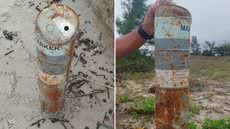 Sinalizador militar encontrado na faixa de areia em Ilha Comprida levou ao isolamento preventivo da área e mobilizou equipes especializadas para análise do artefato - Imagem: Marinha do Brasil
