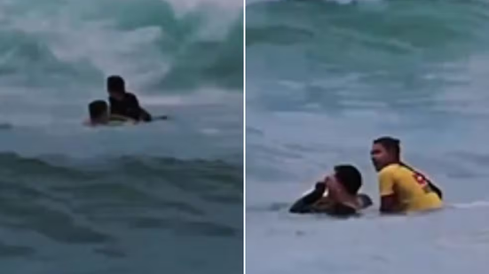 Surfista resgata dois banhistas arrastados por correnteza na Praia das Astúrias, em Guarujá - Imagem: Reprodução