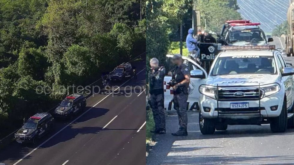 O confronto ocorreu após uma tentativa de abordagem a criminosos armados, levando a uma busca intensiva na região de mata - Imagem: CCI/ Artesp / Matheus Croce/ TV Tribuna