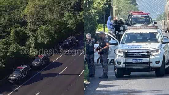 O confronto ocorreu após uma tentativa de abordagem a criminosos armados, levando a uma busca intensiva na região de mata - Imagem: CCI/ Artesp / Matheus Croce/ TV Tribuna
