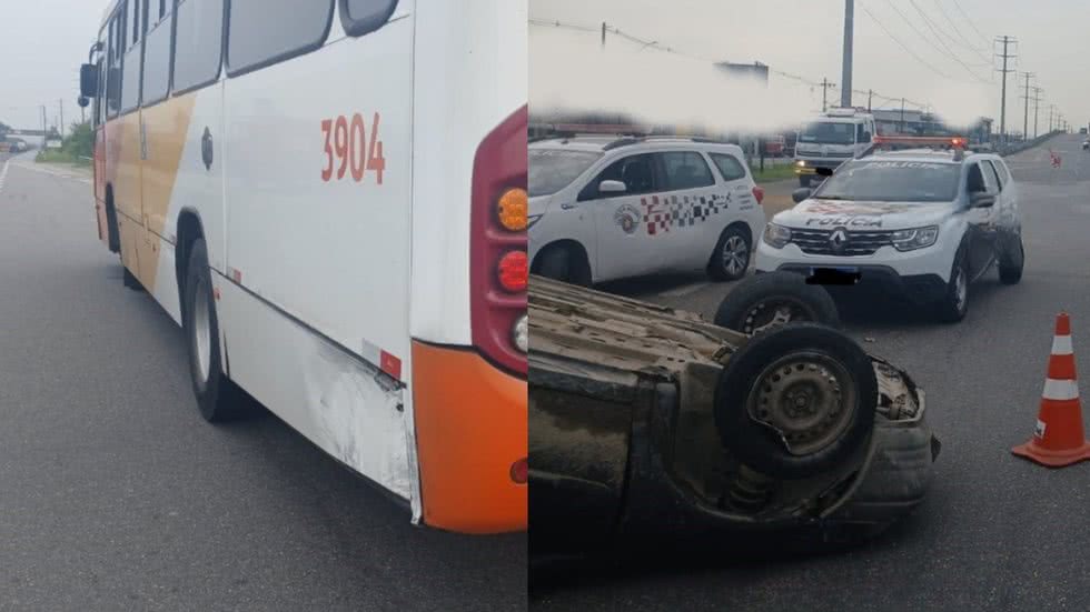 Após perder o controle em um declive, motorista do carro fugiu do local, deixando o veículo capotado na rodovia Padre Manoel da Nóbrega - Imagem: Reprodução/ CCI Artesp
