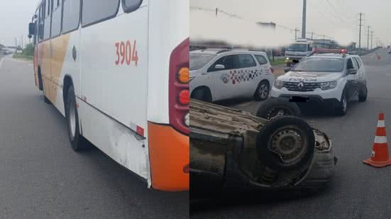 Após perder o controle em um declive, motorista do carro fugiu do local, deixando o veículo capotado na rodovia Padre Manoel da Nóbrega - Imagem: Reprodução/ CCI Artesp