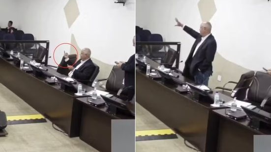 Vereador Amarildo Carlos Simoni durante sessão na Câmara de Registro, onde ocorreu o gesto que motivou pedido de cassação por sindicato de servidores - Imagem: Câmara de Registro
