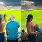 Jessyca de Macedo Oliveira e Paulo Ricardo da Silva anunciaram a primeira filha durante uma partida entre Santos e Flamengo, na Vila Belmiro, em 8 de outubro - Imagem: Reprodução