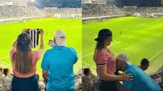 Jessyca de Macedo Oliveira e Paulo Ricardo da Silva anunciaram a primeira filha durante uma partida entre Santos e Flamengo, na Vila Belmiro, em 8 de outubro - Imagem: Reprodução