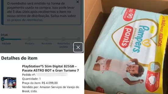 Derek Cardoso dos Santos registrou a abertura da encomenda após desconfiar do peso da caixa e encontrou um pacote de fraldas no lugar do PlayStation 5 comprado por R$ 4 mil - Imagem: Arquivo Pessoal