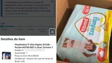 Derek Cardoso dos Santos registrou a abertura da encomenda após desconfiar do peso da caixa e encontrou um pacote de fraldas no lugar do PlayStation 5 comprado por R$ 4 mil - Imagem: Arquivo Pessoal