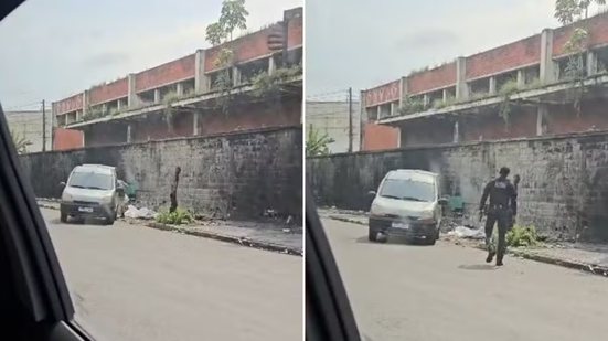 Homem foi flagrado pela Guarda Civil Municipal enquanto descartava sacos com resíduos de construção em uma calçada no bairro Macuco, em Santos; ele recebeu multa de R$ 10 mil - Imagem: Reprodução