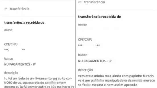 Registros de transferências via Pix com mensagens ofensivas foram apresentados à Justiça e usados como prova no processo que resultou em condenação por danos morais em Santos - Imagem: Reprodução