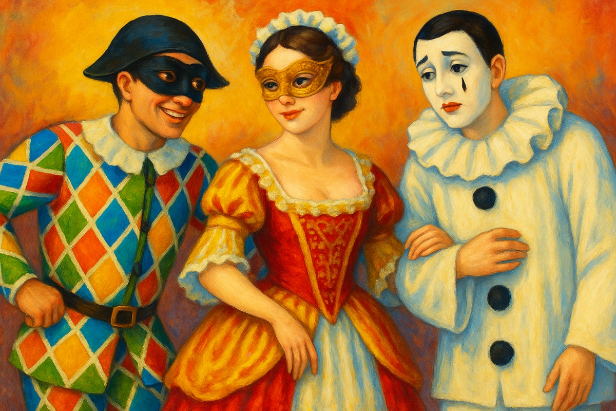 Arlequim, Colombina e Pierrot, o triângulo eterno de astúcia, lágrimas e sedução