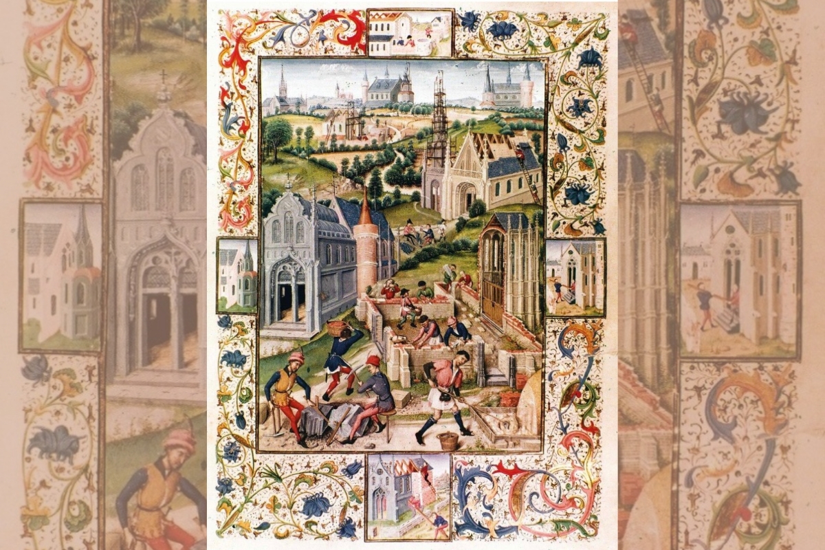 Construtores medievais. Miniatura das Très Riches Heures du duc de Berry, atribuída aos irmãos Limbourg, c. 1412-1416. Musée Condé, Chantilly (MS 65)