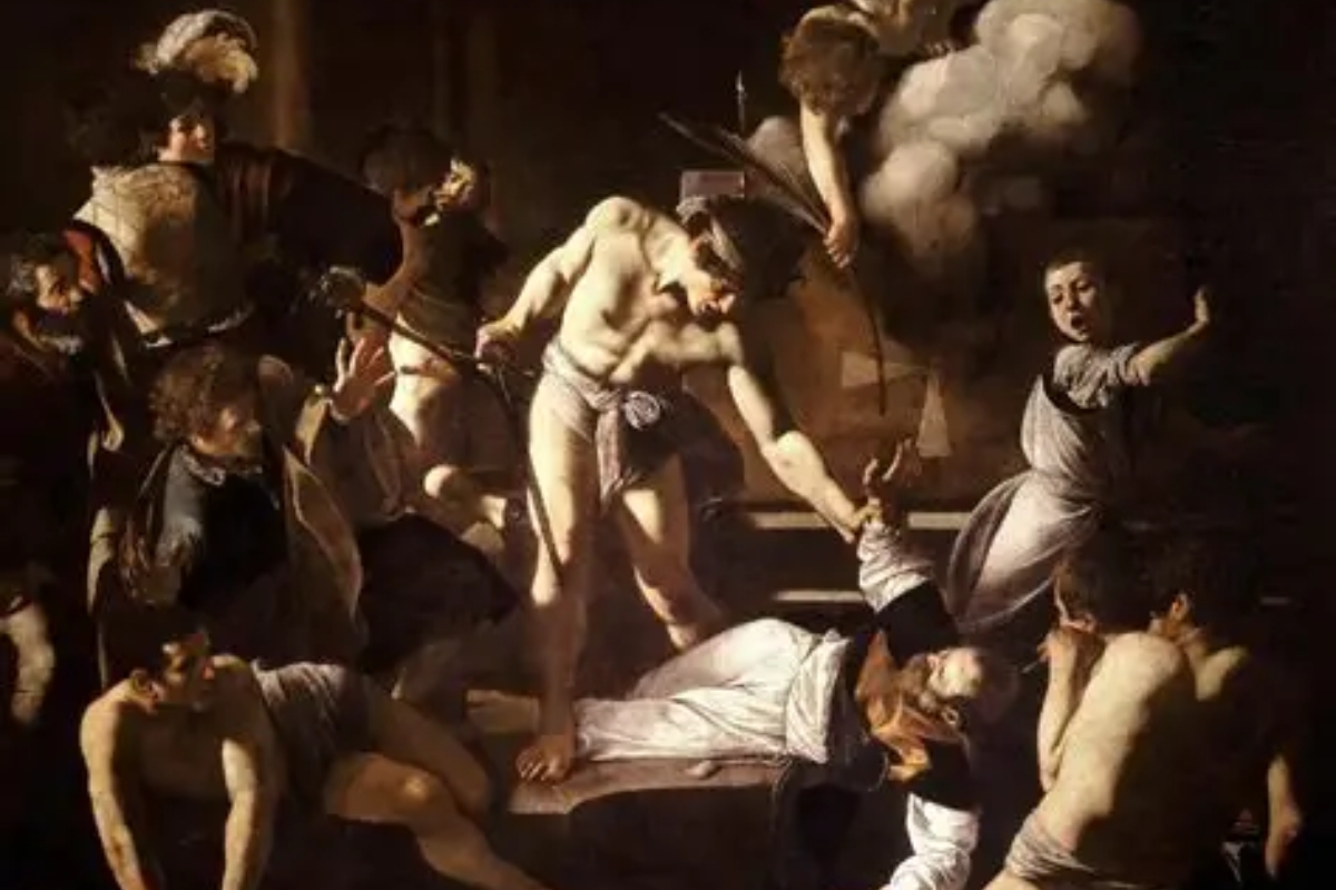 A virtude iluminada no exato instante em que é atravessada pelo golpe - O Martírio de São Mateus (1599 e 1600 ), de Caravaggio