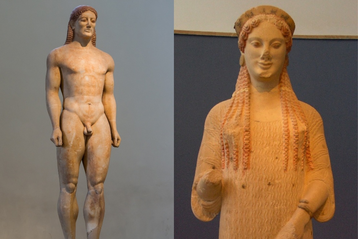 Nos kouroi, a anatomia já começa a despertar.