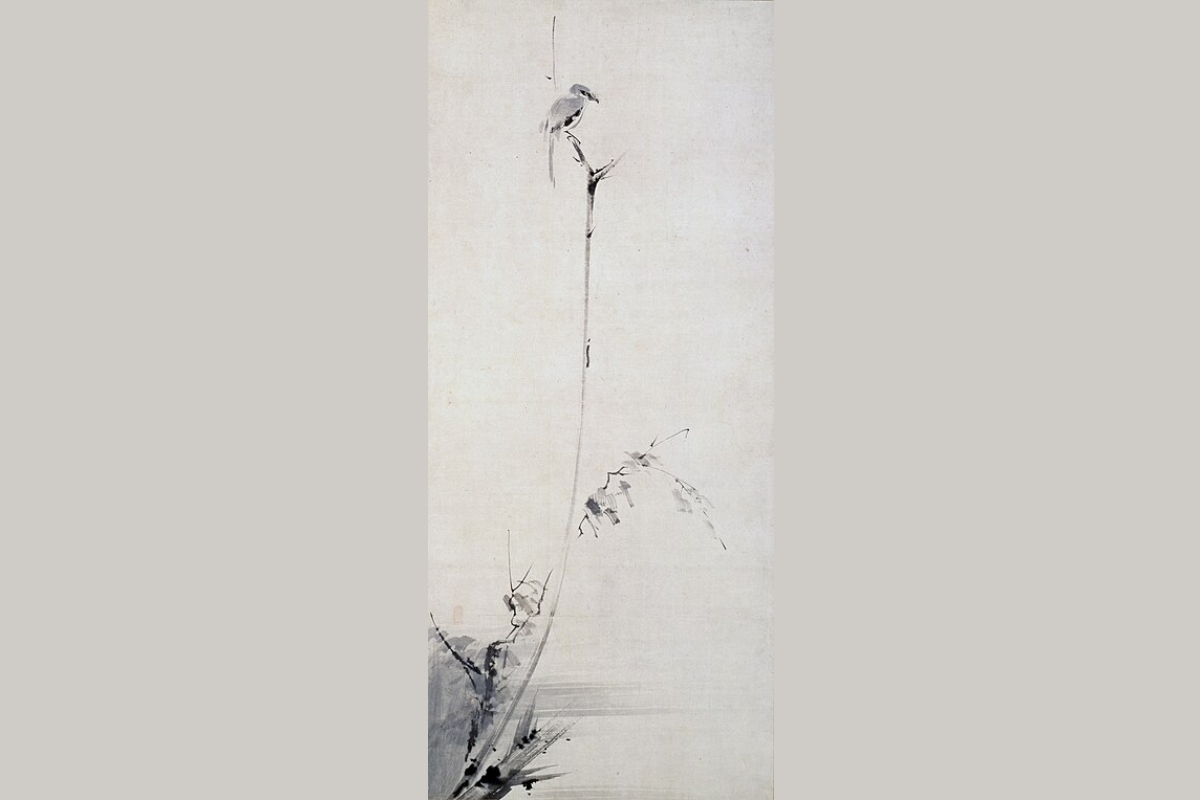 Miyamoto Musashi, Picanço em uma Árvore Árida, antes de 1645 - No sumi-ê, poucos traços bastam