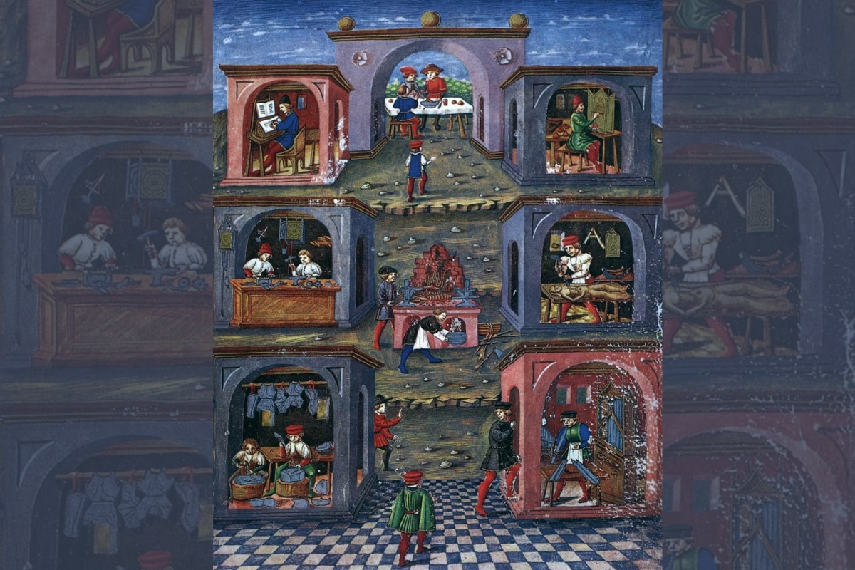Miniatura de manuscrito medieval mostrando mestres e aprendizes trabalhando