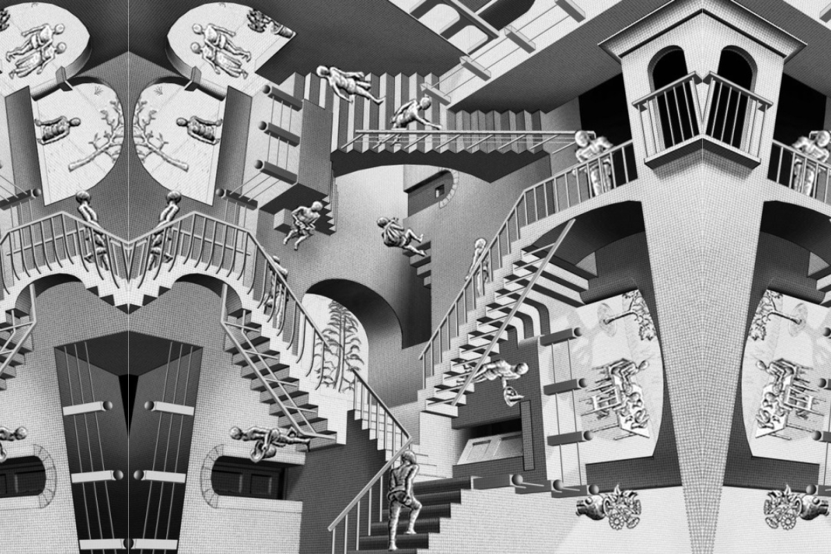 Relativity (1953), de M.C. Escher. Quando até a gravidade se rende ao jogo da imaginação