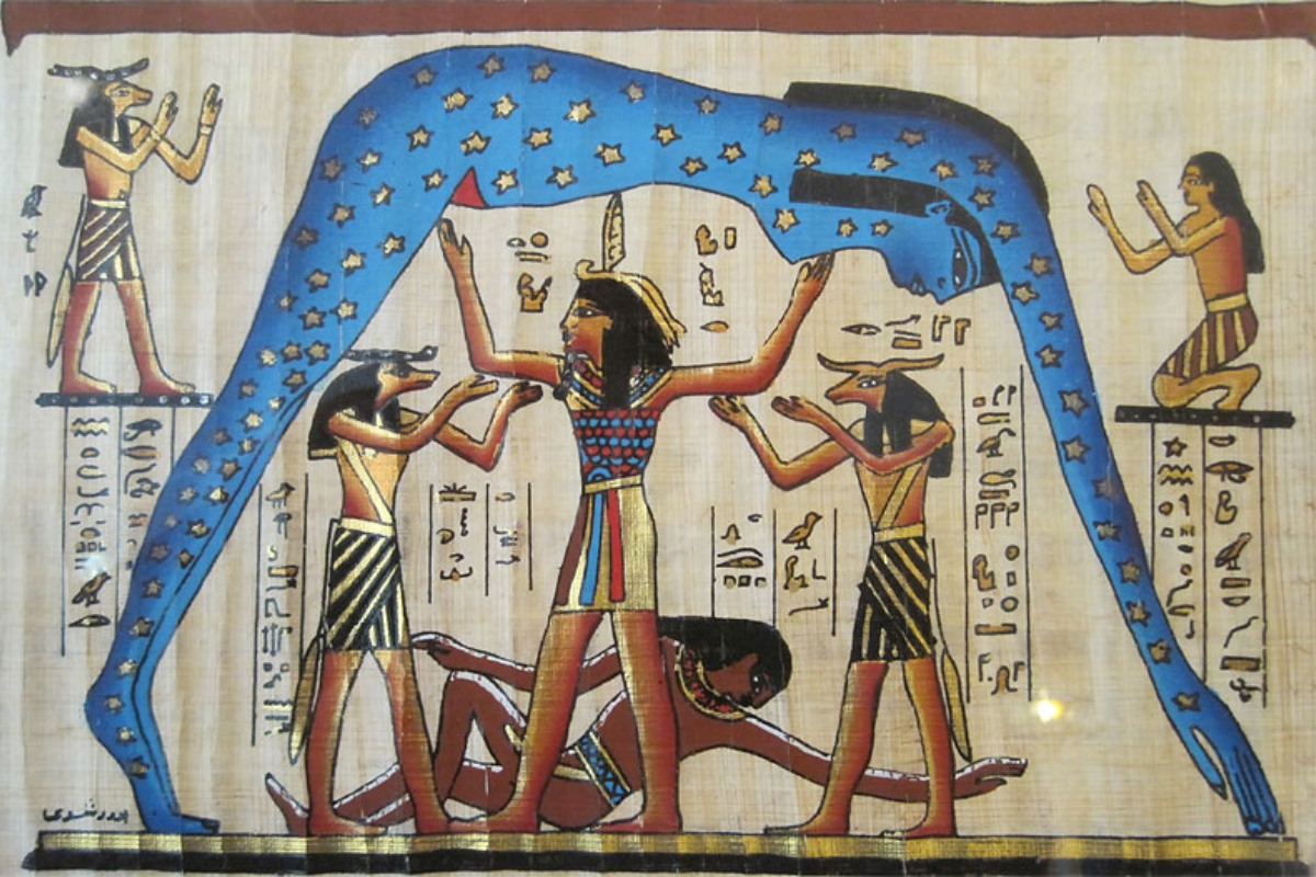 Papiro egípcio de Nut arqueada sobre Geb, com Shu sustentando o firmamento (Museu do Cairo)