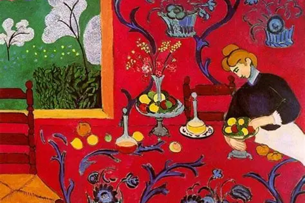 Com Matisse, os limites entre objetos e espaço desaparecem. A cor deixa de apenas representar o mundo para reorganizar a própria experiência de vê-lo - Imagem: La Desserte Rouge, Henri Matisse, 1908.