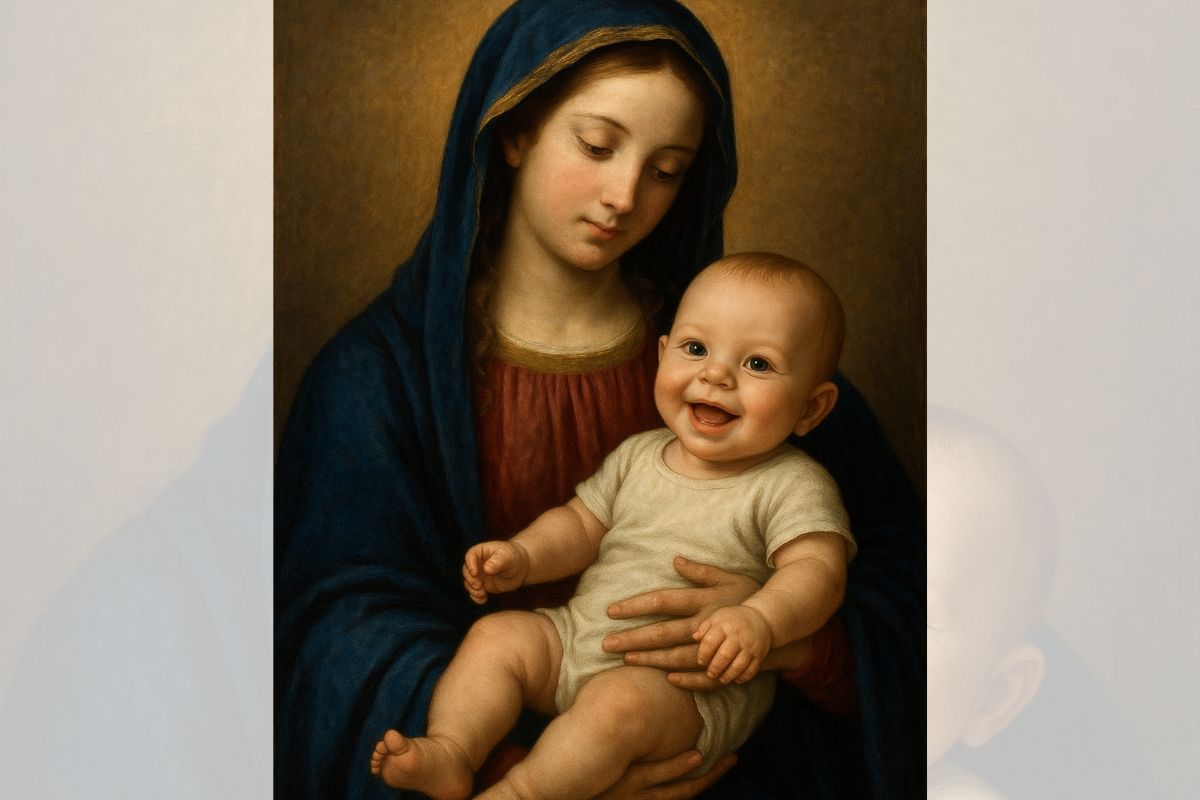 Madona renascentista com o Menino Jesus substituído por um reborn hiper-realista