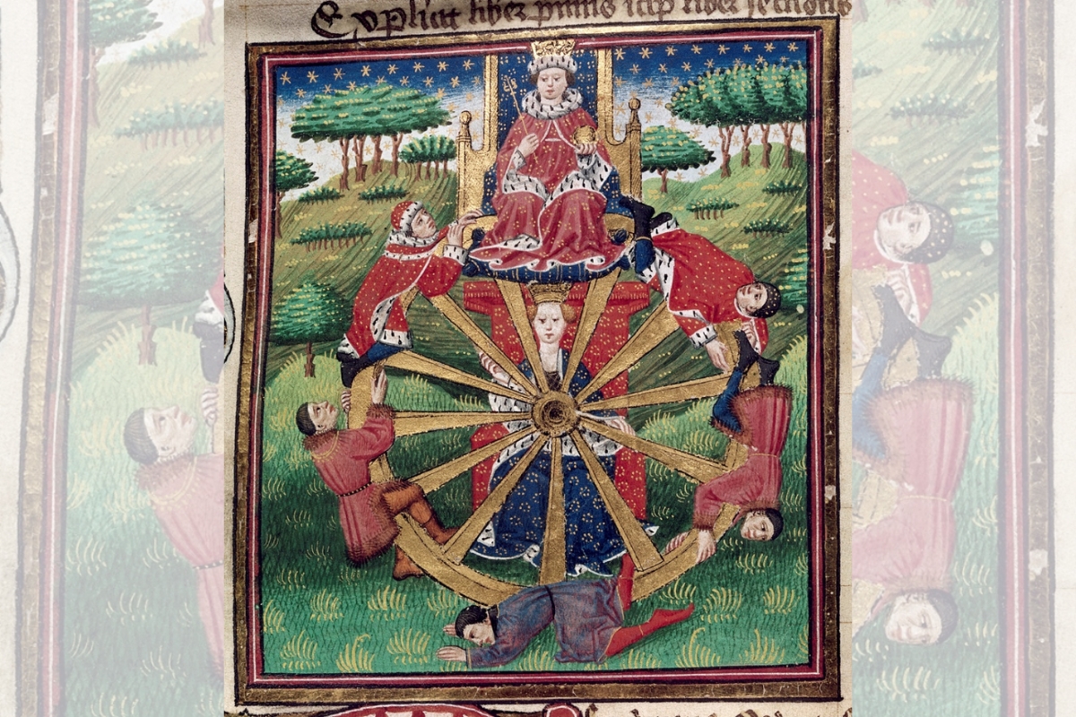 Manuscrito medieval representando a deusa Fortuna e o fluxo do destino