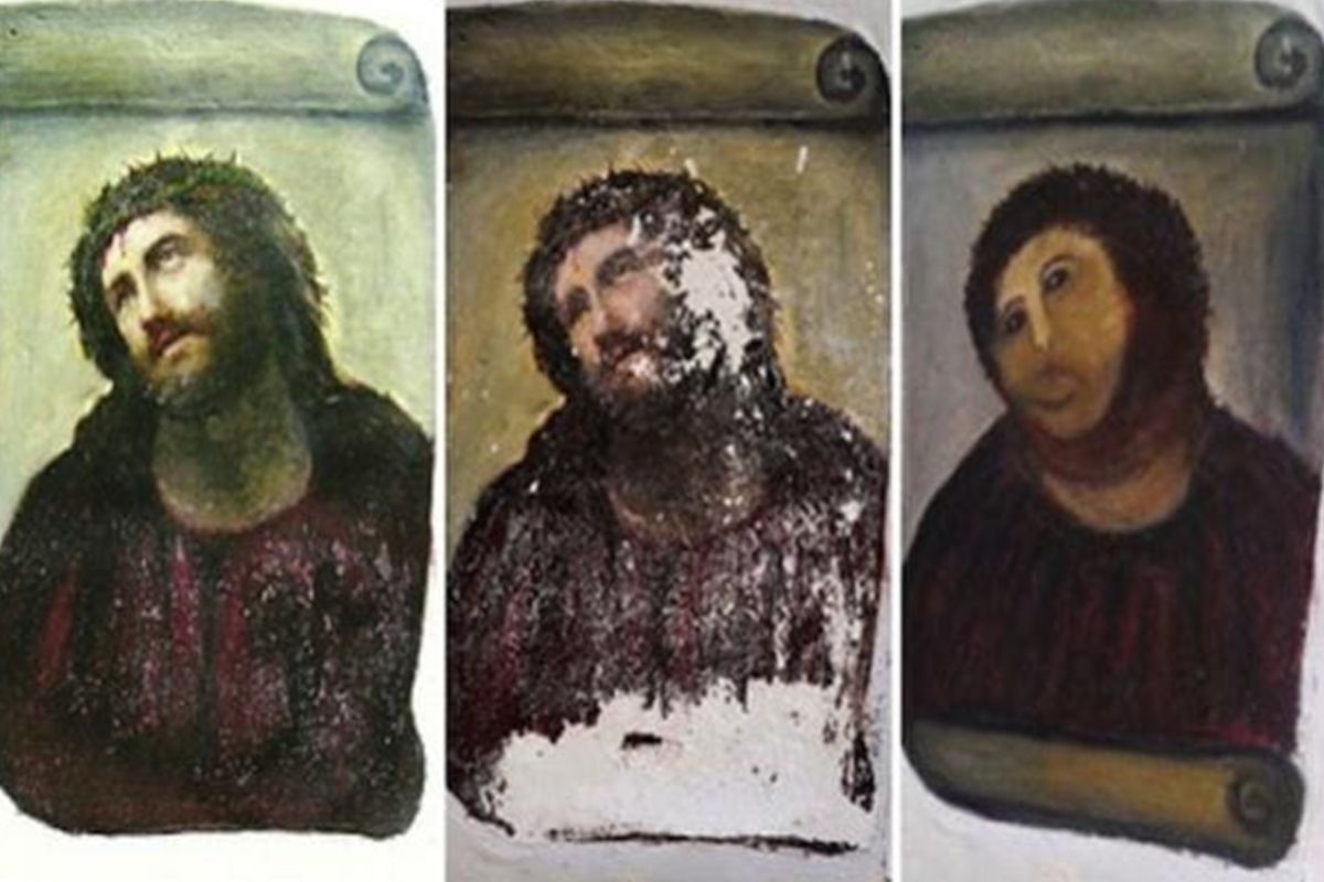 O antes e o depois da restauração de “Ecce Homo”, feita por Cecilia Giménez (1930).