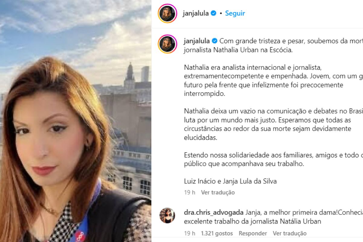 Publicação no instagram da Janja em homenagem a Nathalia Urban