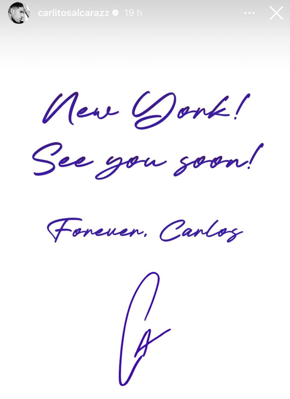Alcaraz anuncia sua volta: "Nova Iorque, vejo vocês em breve" - Imagem: Instagram / Carlos Alcaraz